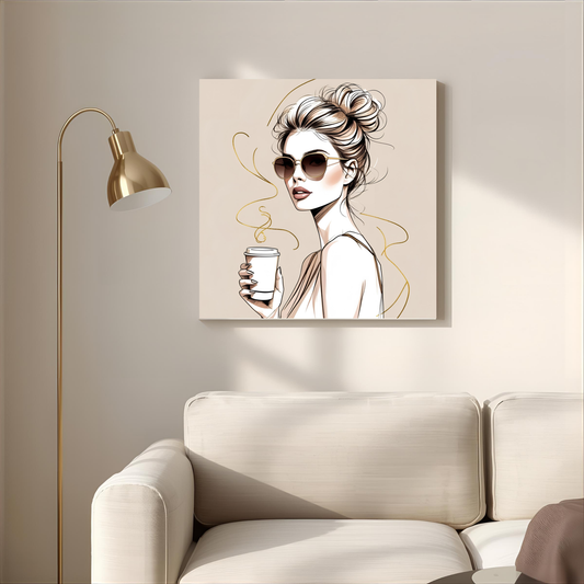 Chic Coffee Girl – 16×16 Fashion Illustration Canvas Wall Art - LunarHeartCo