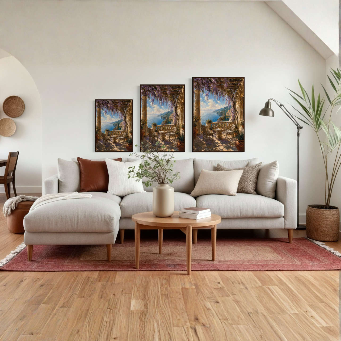 Framed wall art print titled "The Terrace" featuring Mediterranean scenery by LunarHeartCo, displayed in a modern interior setting.