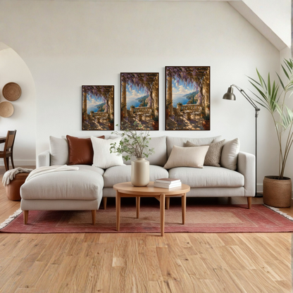 Framed wall art print titled "The Terrace" featuring Mediterranean scenery by LunarHeartCo, displayed in a modern interior setting.