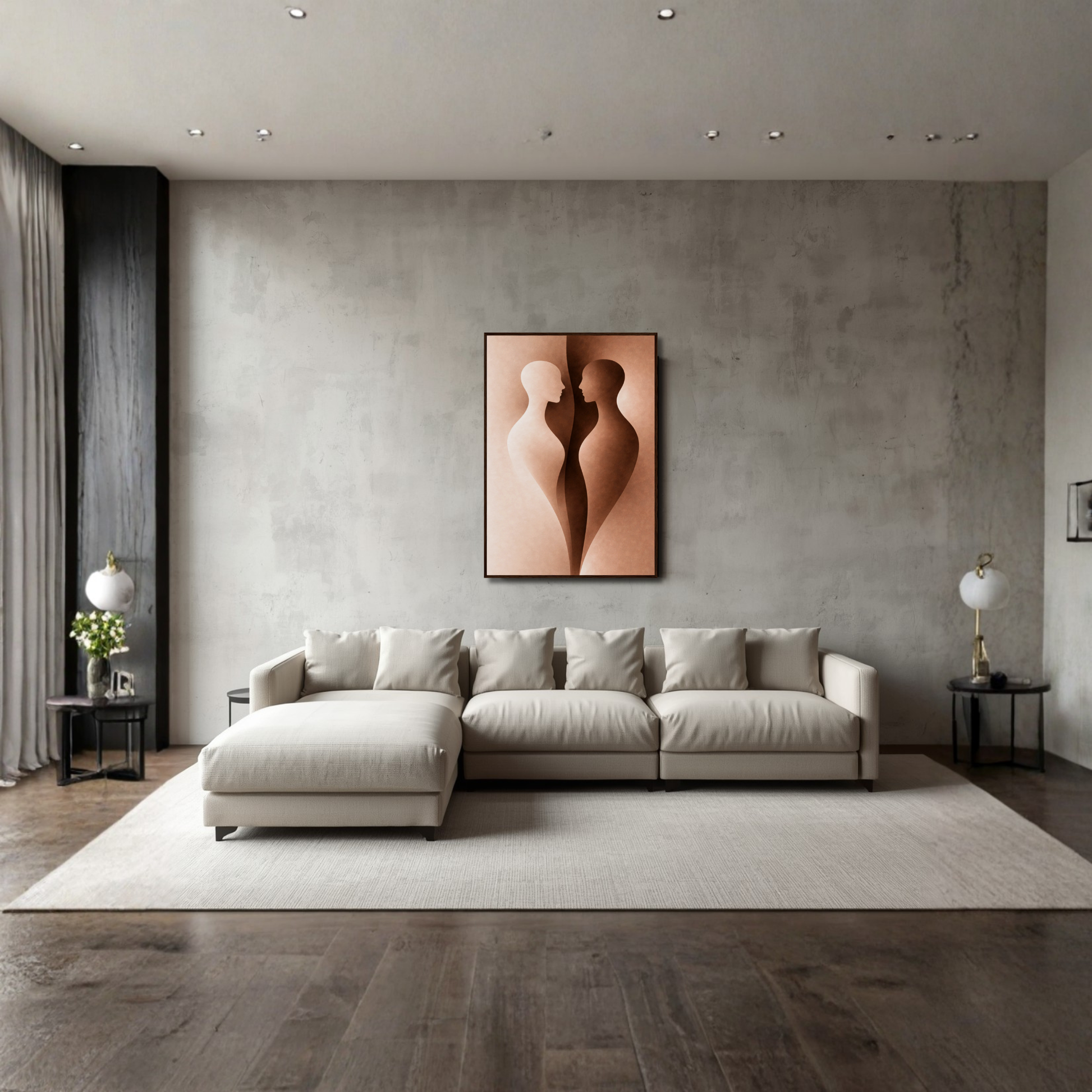 LunarHeartCo framed art "Internal Form I — Proximity" featuring abstract geometric shapes in neutral tones.