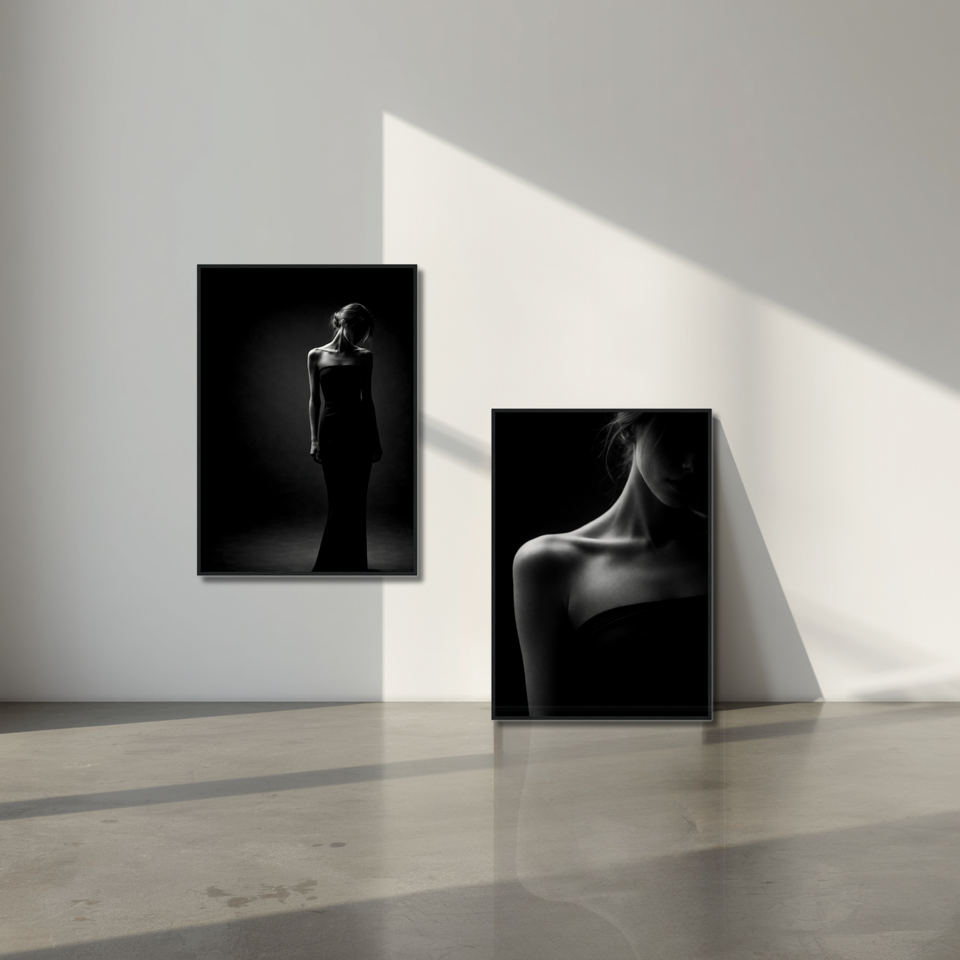 Framed fine art prints of Noir Studies Foundation Pair by LunarHeartCo, featuring black and white abstract portraits in sleek frames.