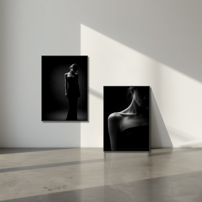 Framed fine art prints of Noir Studies Foundation Pair by LunarHeartCo, featuring black and white abstract portraits in sleek frames.