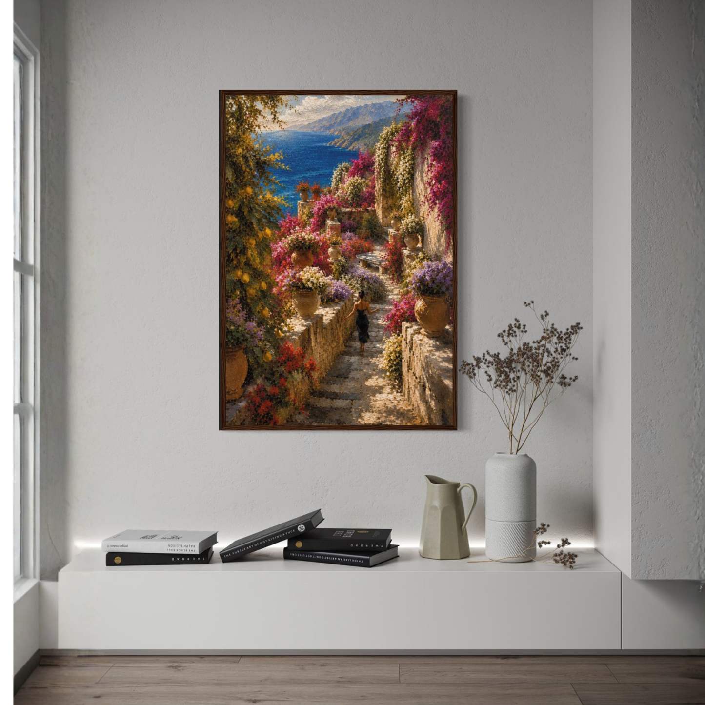 Framed art print titled "The Garden" featuring Mediterranean landscape, displayed in a sleek LunarHeartCo frame.