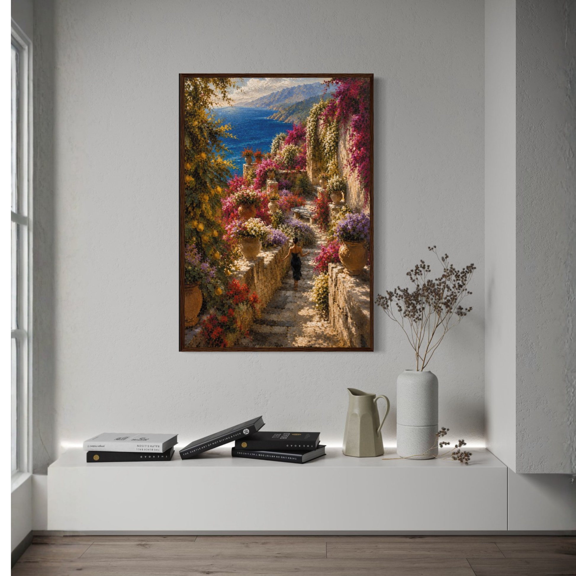Framed art print titled "The Garden" featuring Mediterranean landscape, displayed in a sleek LunarHeartCo frame.