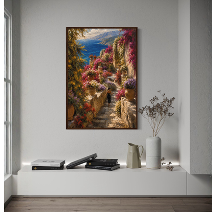 Framed art print titled "The Garden" featuring Mediterranean landscape, displayed in a sleek LunarHeartCo frame.