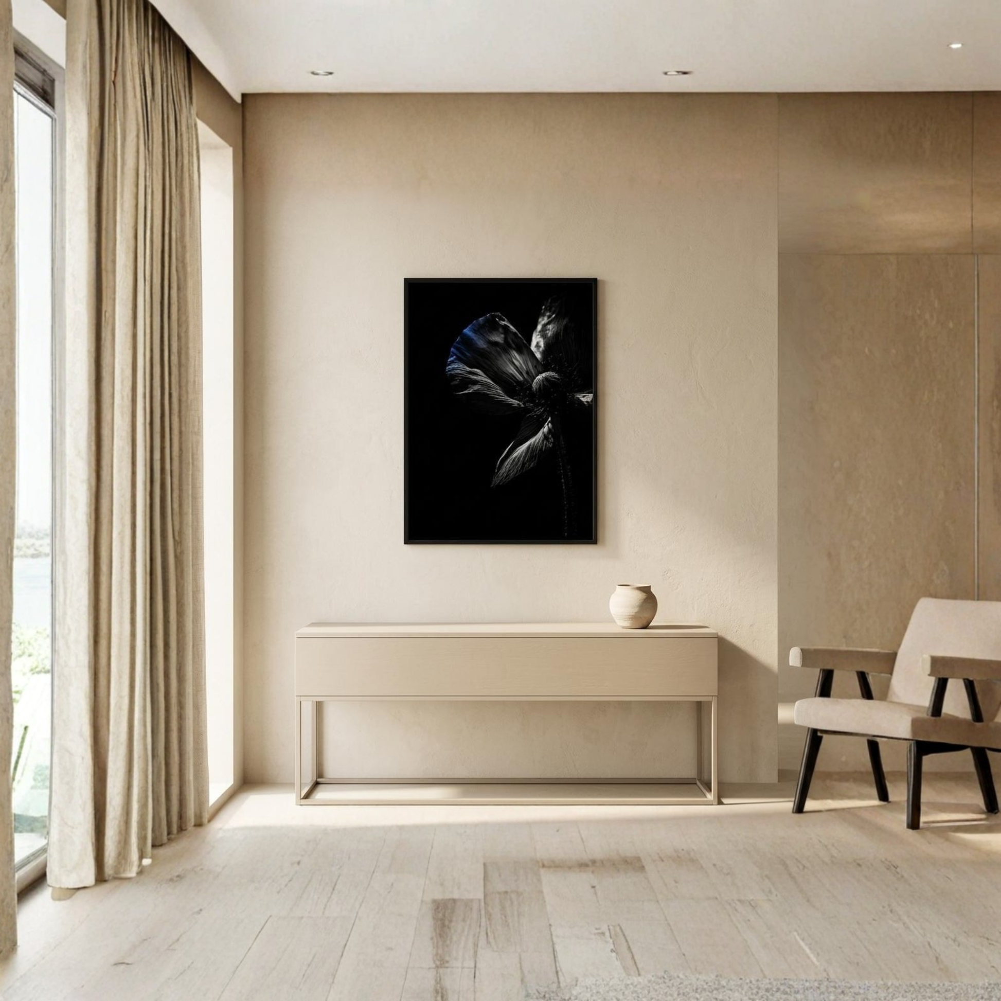 Framed art print titled DESCENT I — CONTROL by LunarHeartCo, 50×70 cm, featuring abstract design in a sleek frame.
