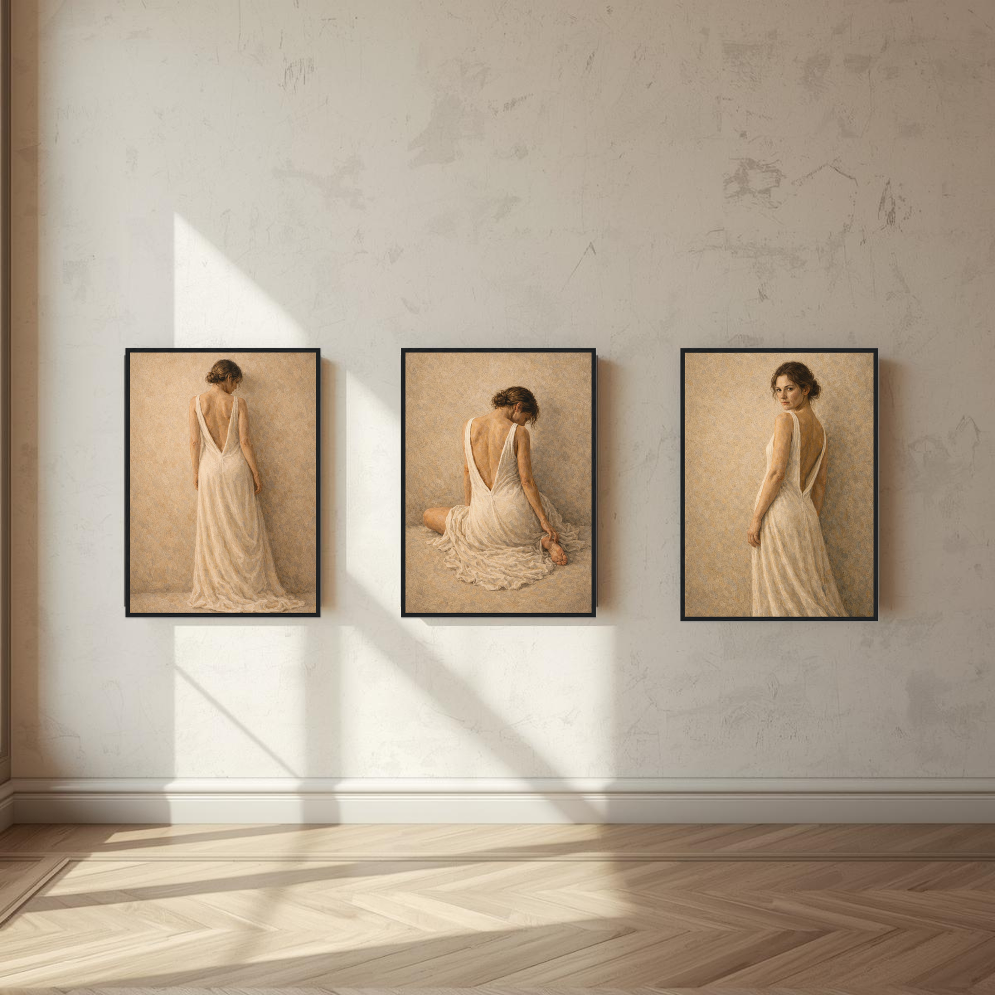 Stillness, Held — Complete 3-Piece Series, Contemporary Figurative Framed Art (50×70 cm) - LunarHeartCo