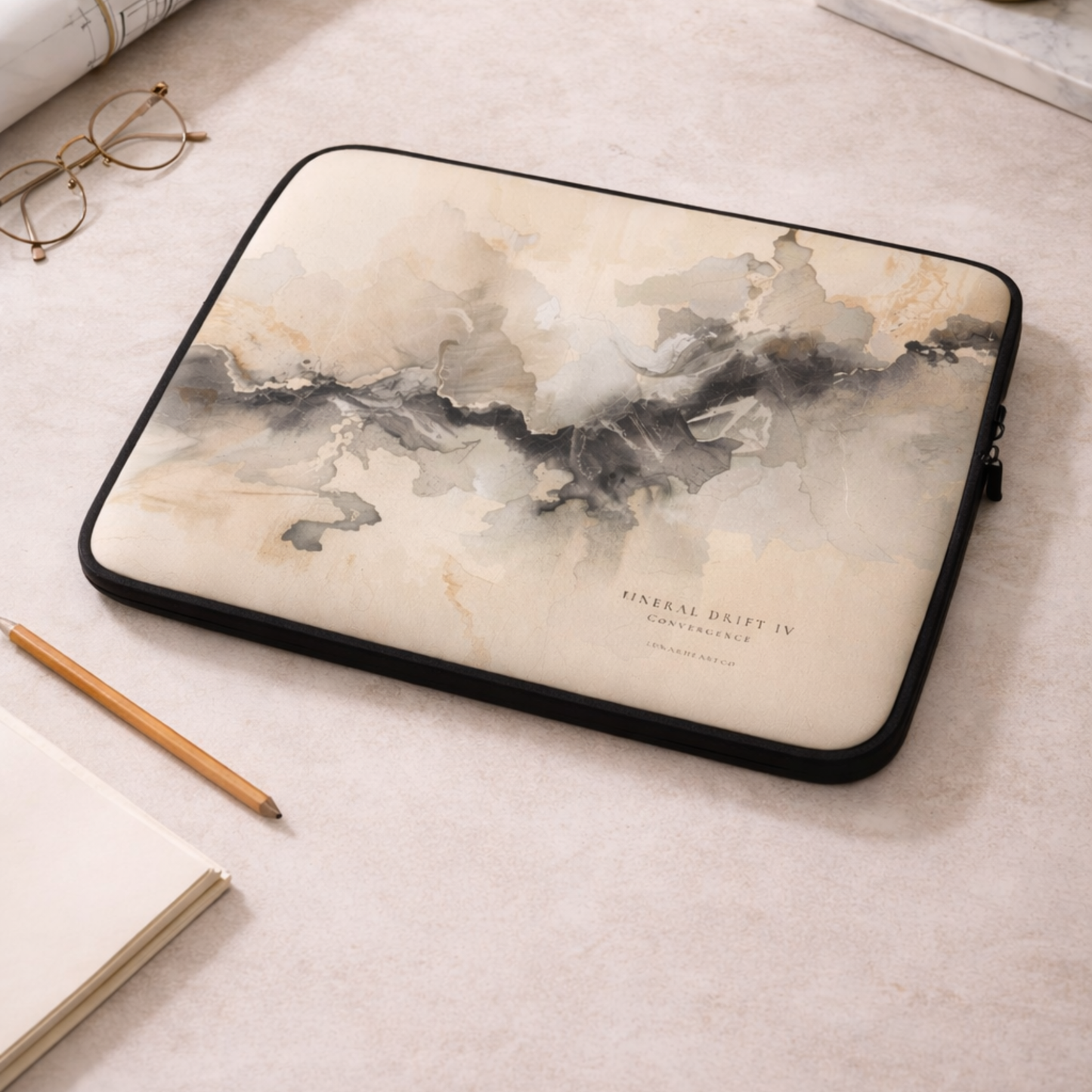 LunarHeartCo Mineral Drift IV convergence laptop sleeve, soft fabric exterior with a geometric mineral-inspired pattern for 13-inch laptops.