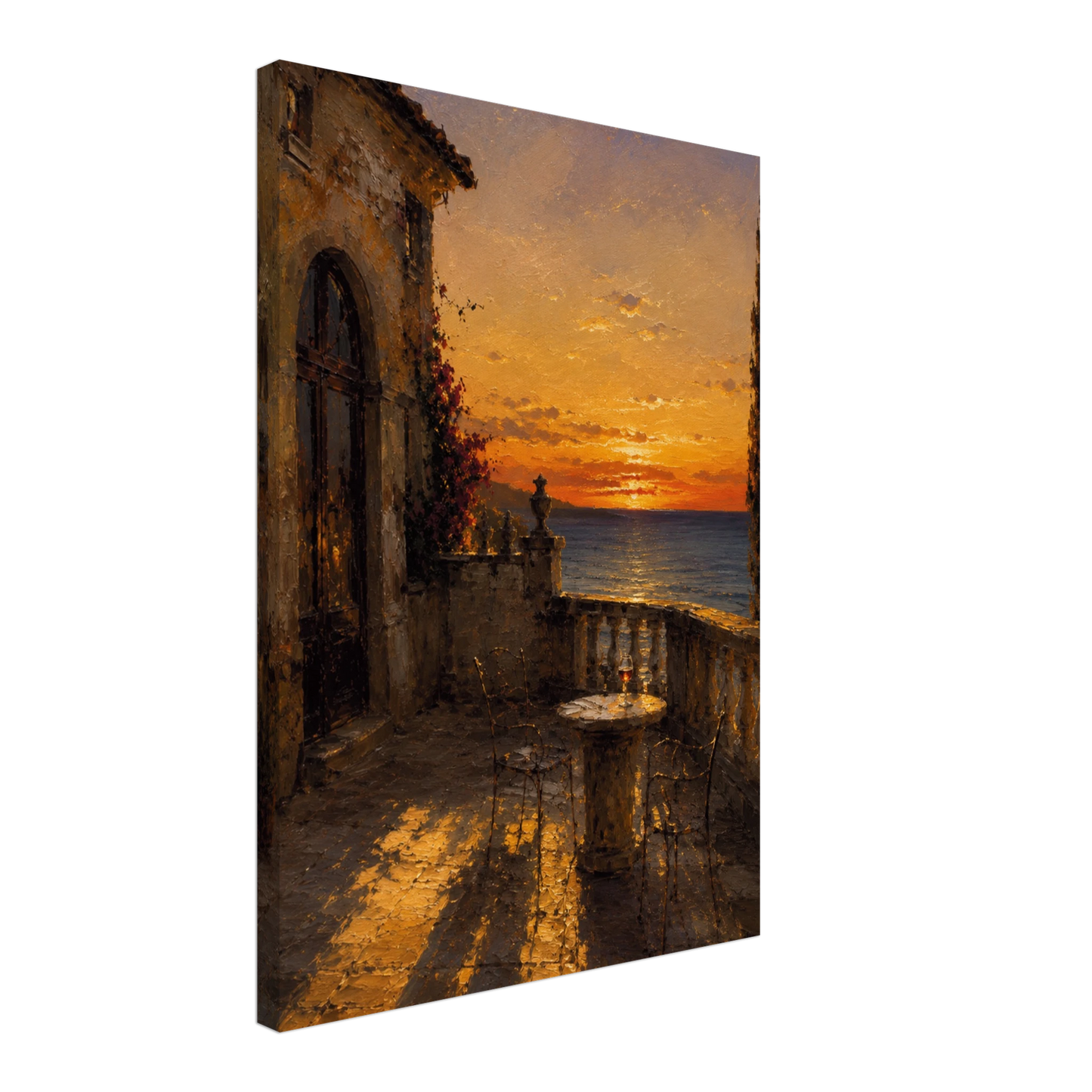 Gallery-wrapped canvas detail of The Hour with golden sunset light, stone terrace and artwork continuing around the edges.