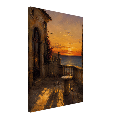 Gallery-wrapped canvas detail of The Hour with golden sunset light, stone terrace and artwork continuing around the edges.