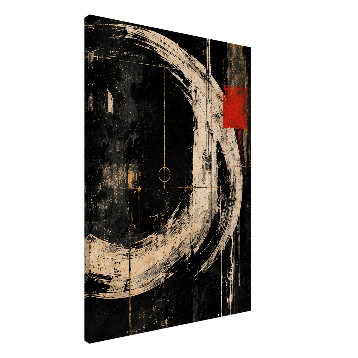 Orbit black abstract canvas art with a sweeping ivory arc, red focal mark and subtle gold detail.