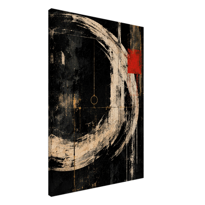 Orbit black abstract canvas art with a sweeping ivory arc, red focal mark and subtle gold detail.