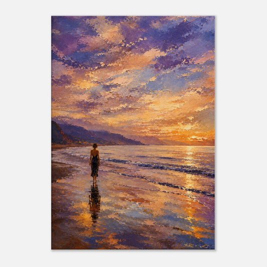 Close-up of painterly Mediterranean canvas art with reflected sunset light, wet shoreline, violet sky and solitary figure.