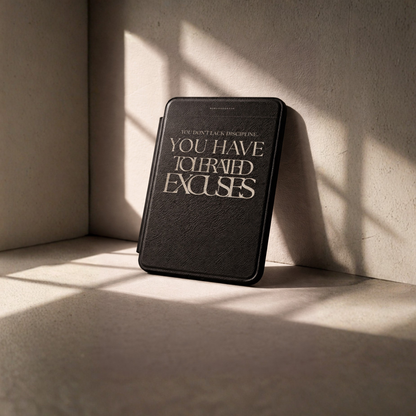 LunarHeartCo Discipline I Kindle case from the Behaviour Series with a Tolerate Excuses design, featuring a protective phone cover in the image.