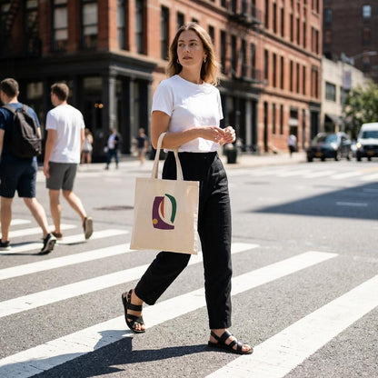 Woman carrying THE VESSEL natural cotton art tote while crossing a sunlit city street.