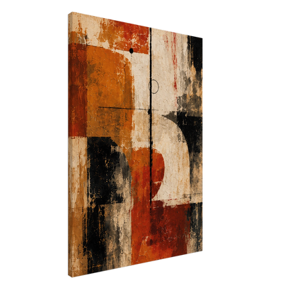 Angled view of Counterweight gallery-wrapped canvas showing rust, ivory and black abstract details.