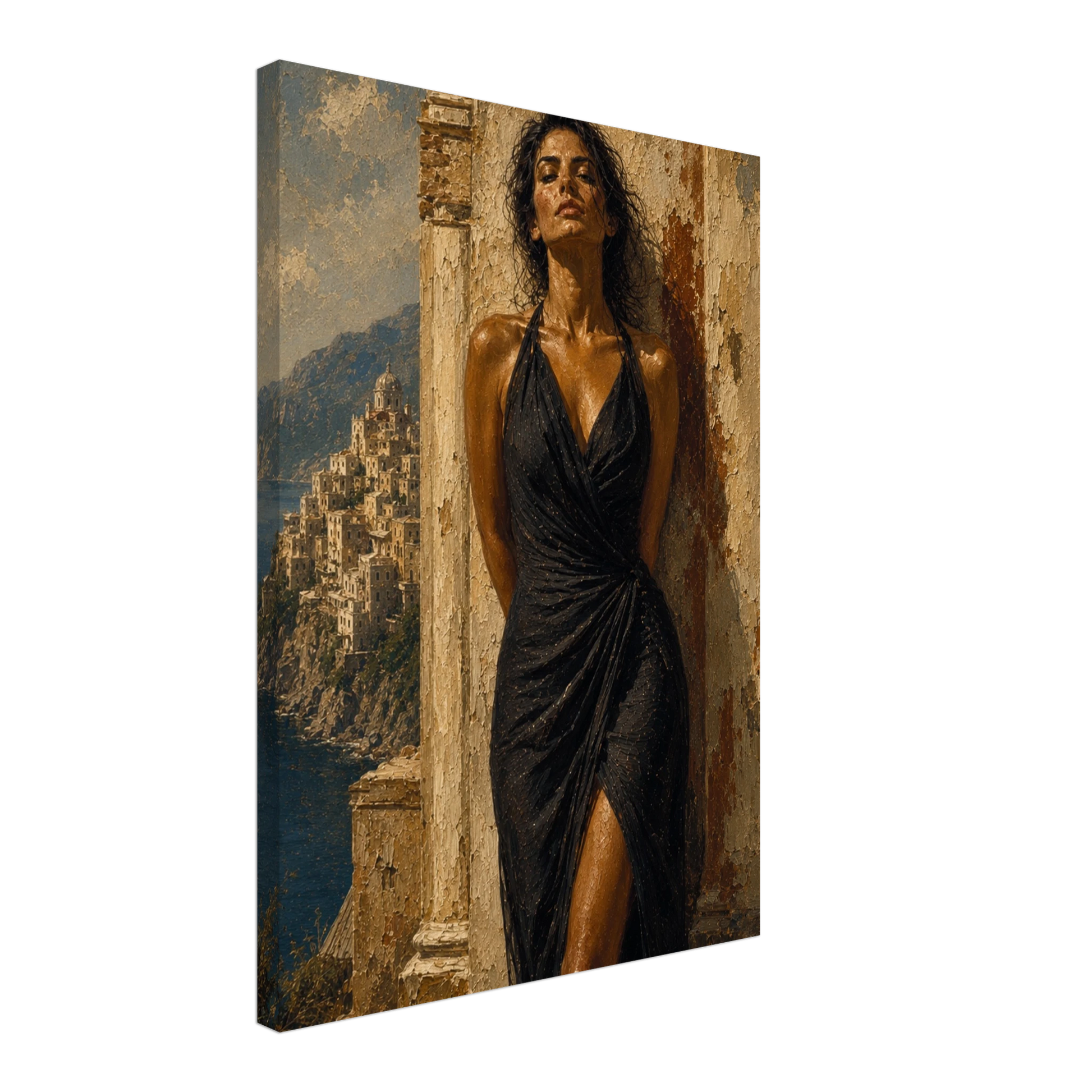 Gallery-wrapped canvas detail of Salt & Stone with warm stone texture, coastal light and artwork continuing around the edges.