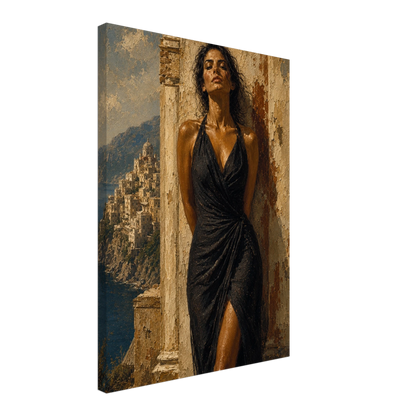 Gallery-wrapped canvas detail of Salt & Stone with warm stone texture, coastal light and artwork continuing around the edges.