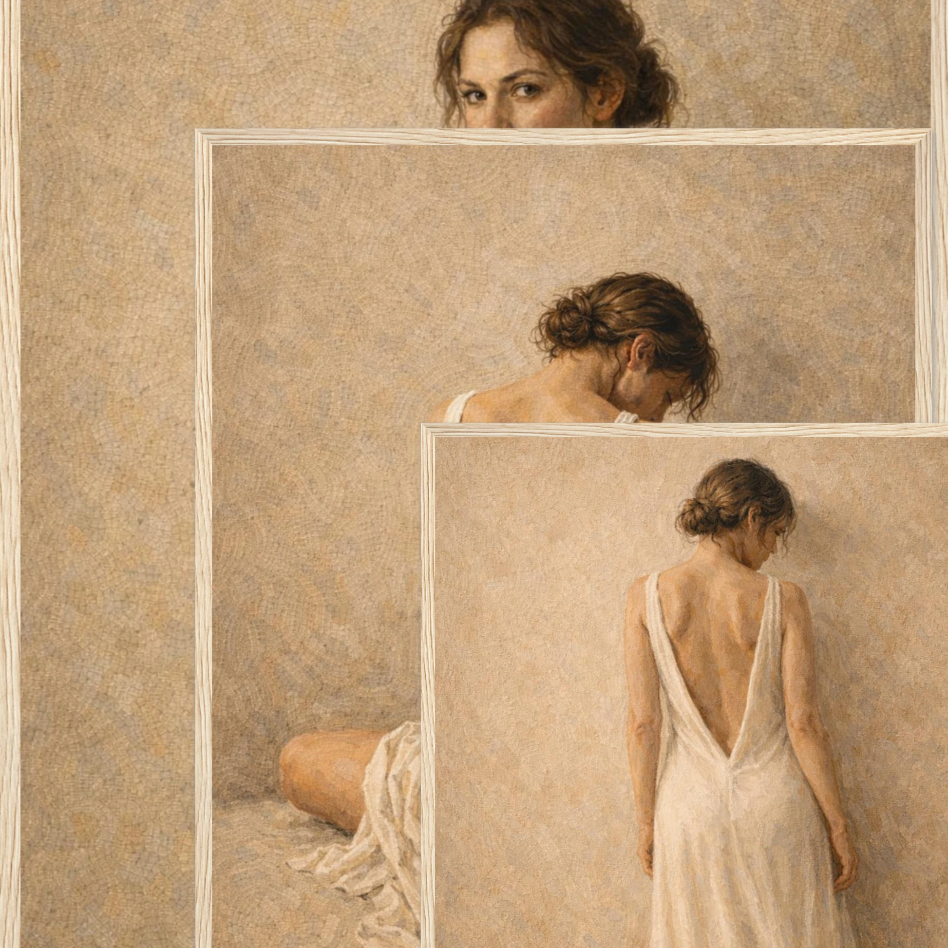 Stillness, Held — Complete 3-Piece Series, Contemporary Figurative Framed Art (50×70 cm) - LunarHeartCo