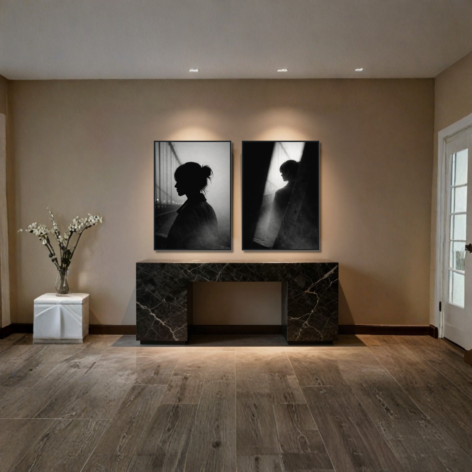 Framed fine art print titled "Structure Pair — Control & Interference" by LunarHeartCo, featuring abstract geometric designs.