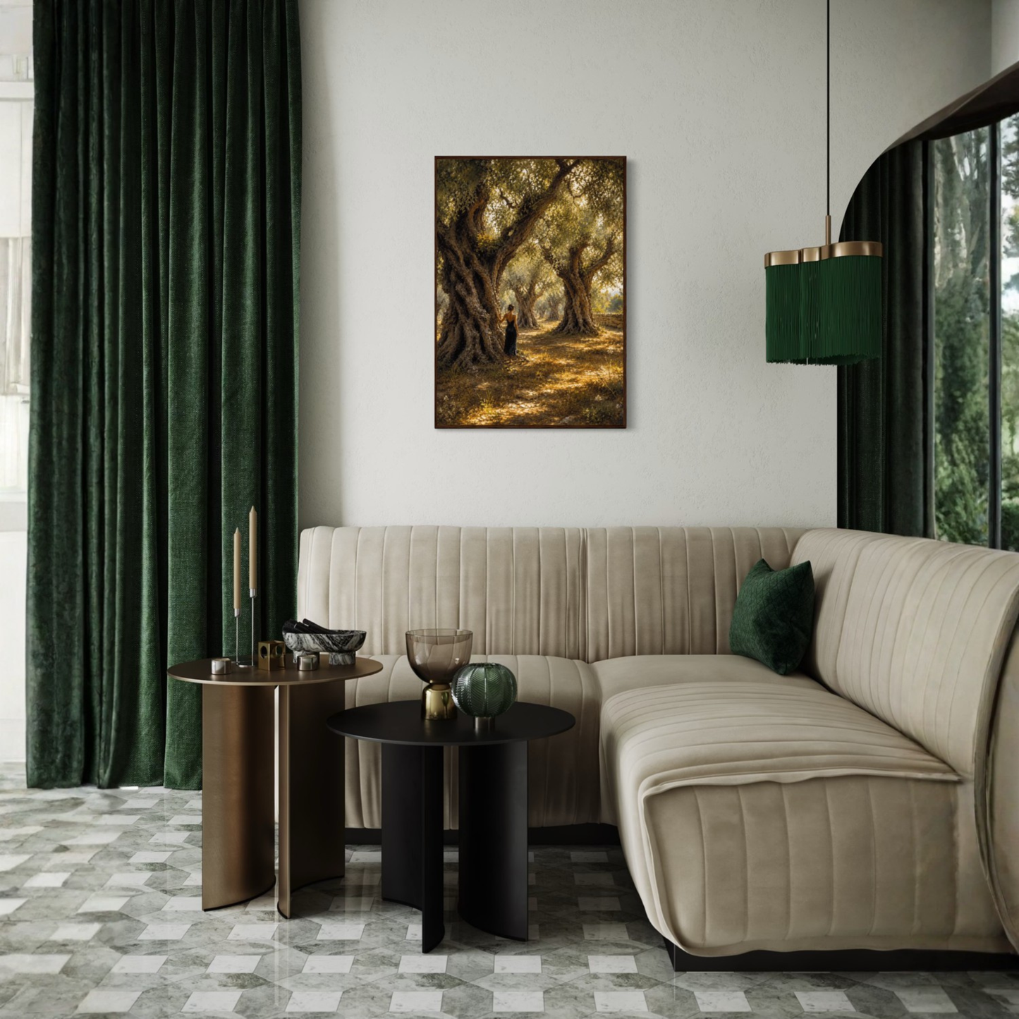 Rooted Mediterranean framed art print displayed in a calm luxury interior.