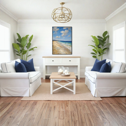 The Blue Distance Mediterranean framed art print displayed in a calm luxury coastal interior.