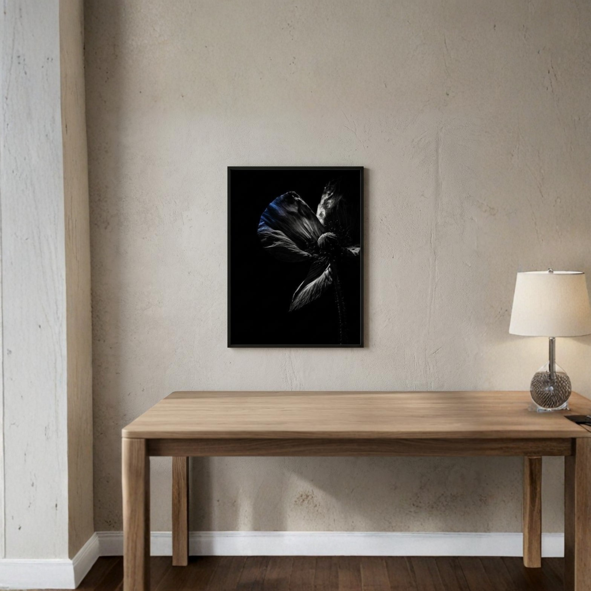 Framed fine art print titled DESCENT I — CONTROL by LunarHeartCo, 50x70 cm, featuring abstract artwork in a sleek black frame.