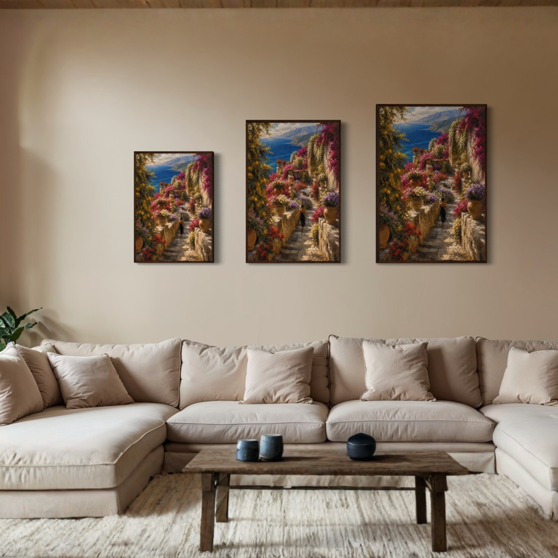 Framed art print titled "The Garden" by LunarHeartCo, featuring a Mediterranean-inspired garden scene with vibrant colors.