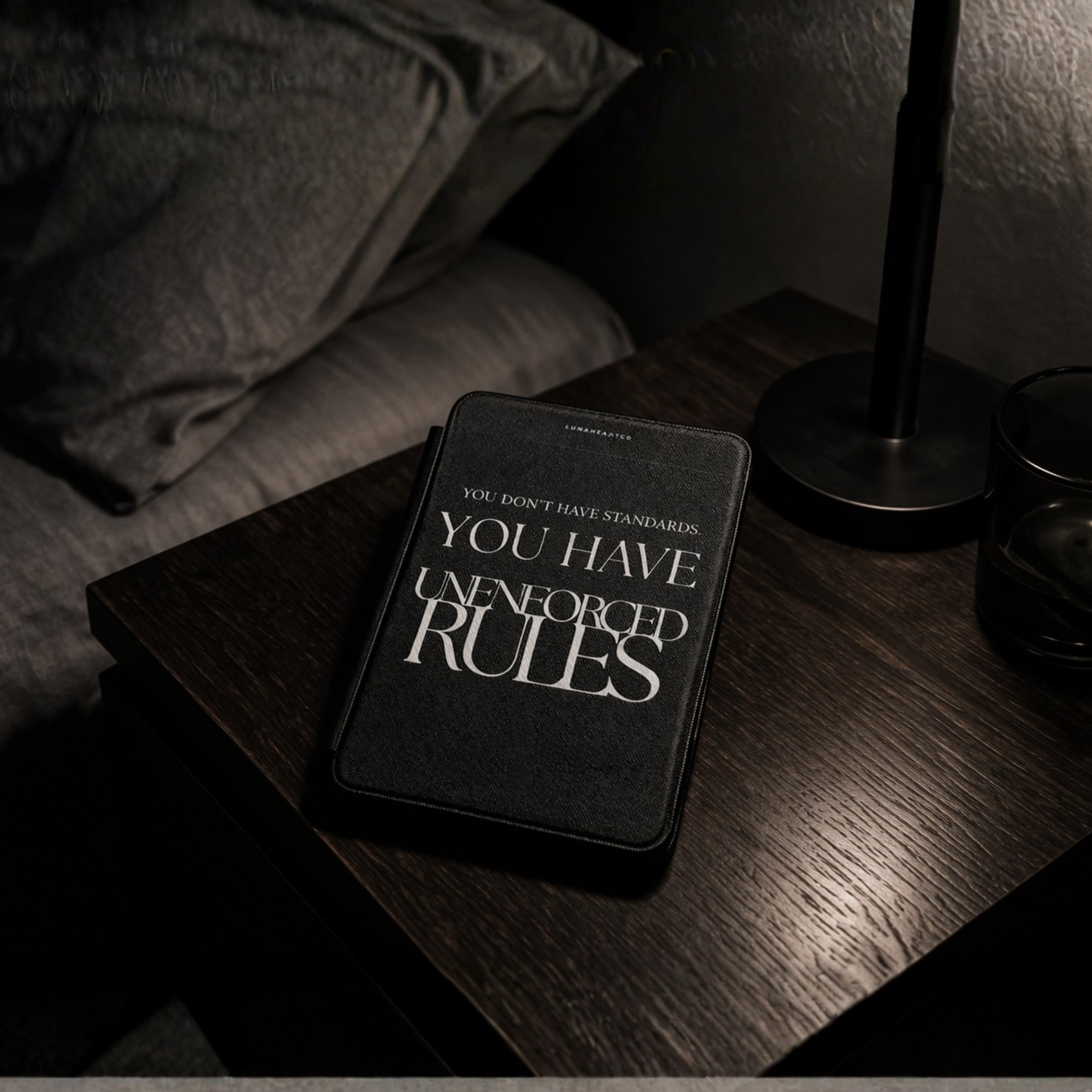 LunarHeartCo Rule I phone case featuring an unenforced reading object design, protective cover for smartphones, in a vivid illustration style.
