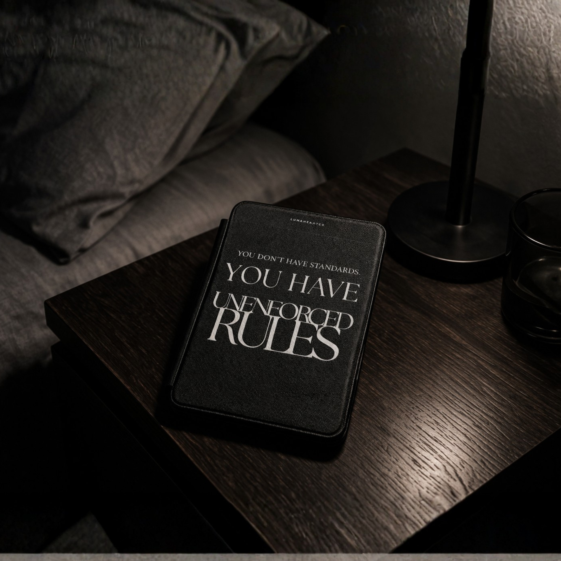 LunarHeartCo Rule I phone case featuring an unenforced reading object design, protective cover for smartphones, in a vivid illustration style.