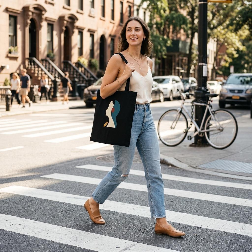 Woman carrying THE LISTENING black cotton art tote while walking along a sunlit city street.