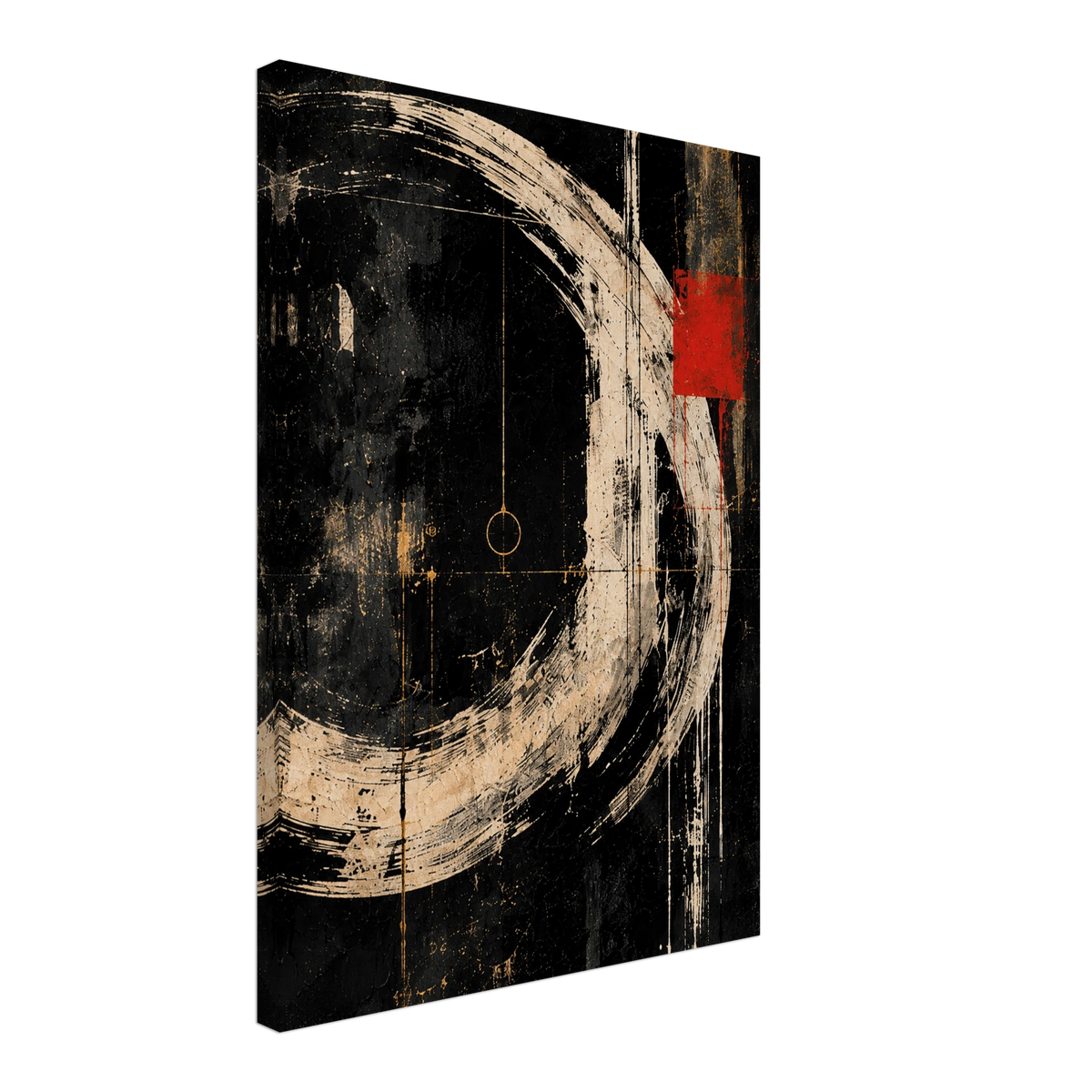 Side perspective of Orbit canvas showing the deep gallery-wrapped construction and abstract composition.