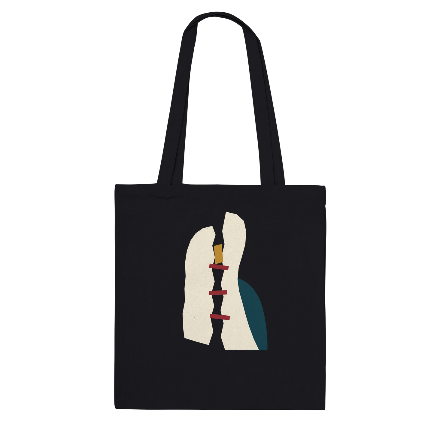 THE MENDING premium black cotton tote featuring fractured ivory planes with oxblood, petrol and ochre accents.