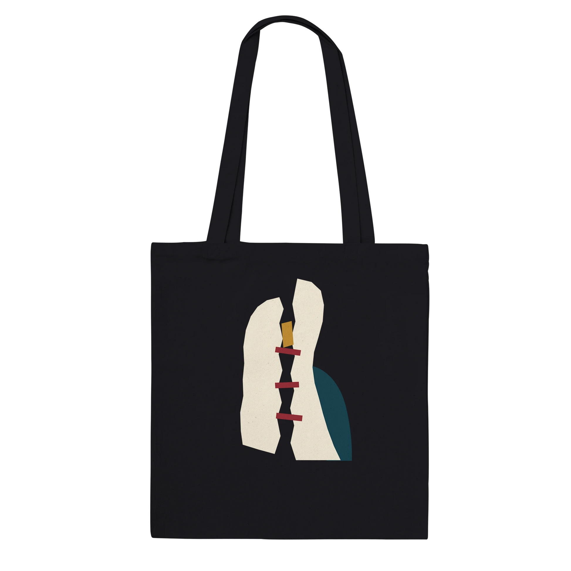 THE MENDING premium black cotton tote featuring fractured ivory planes with oxblood, petrol and ochre accents.