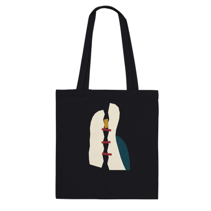 THE MENDING premium black cotton tote featuring fractured ivory planes with oxblood, petrol and ochre accents.