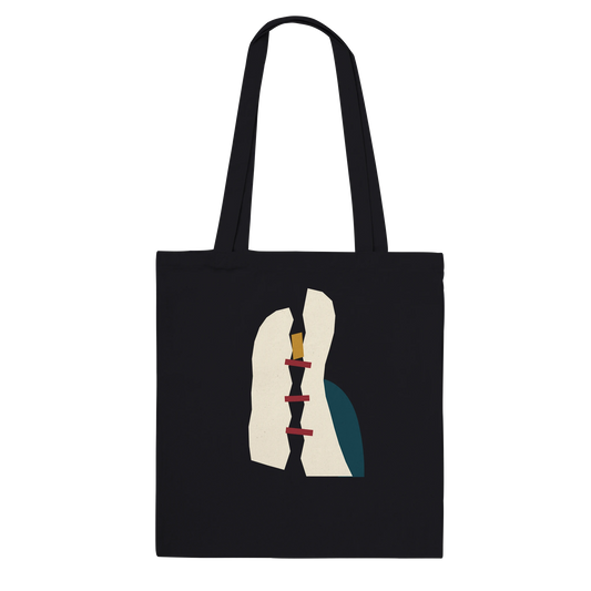 THE MENDING premium black cotton tote featuring fractured ivory planes with oxblood, petrol and ochre accents.