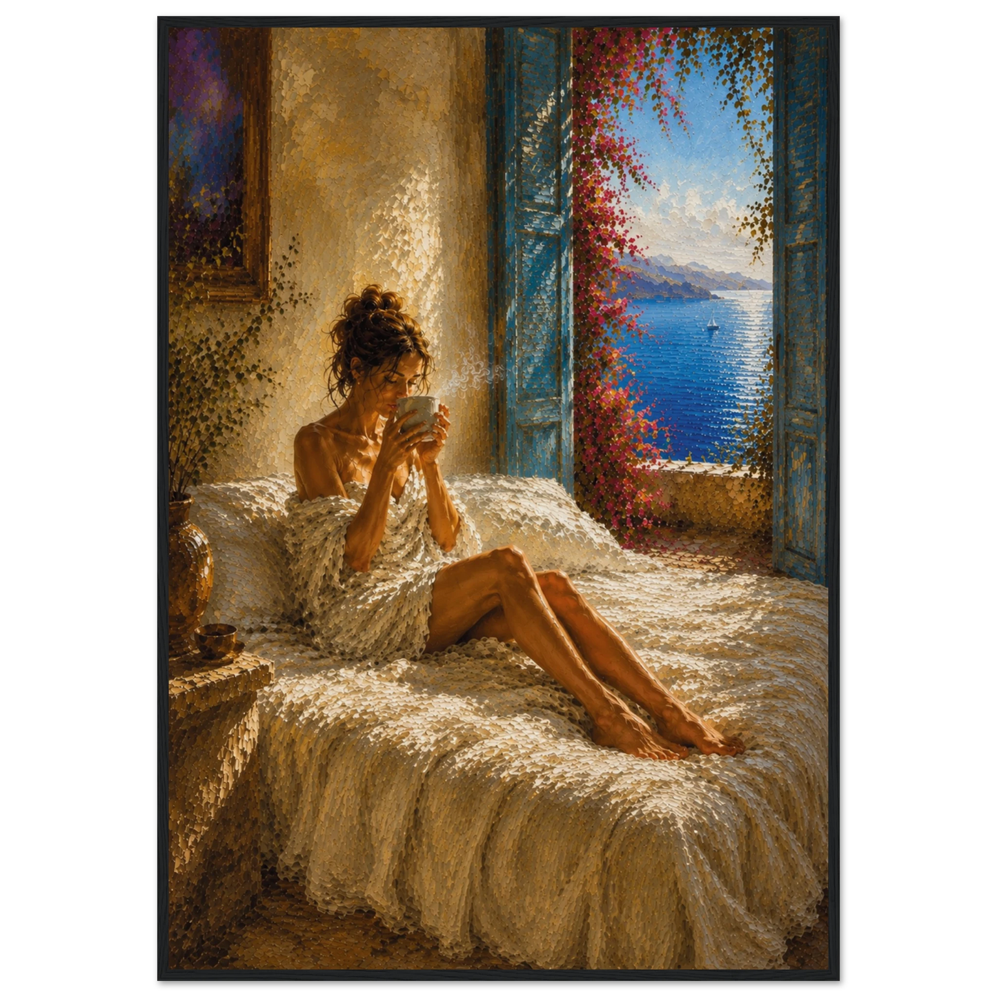 First Light Mediterranean framed art print in a black wood frame.