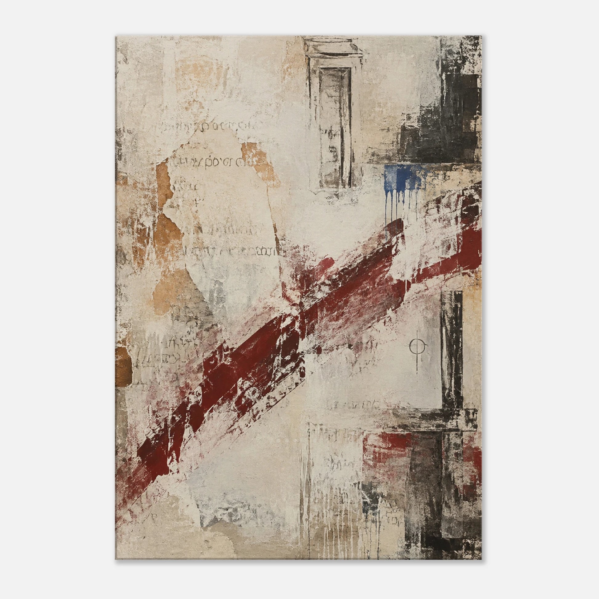What Remains textured abstract canvas art with layered cream, beige, charcoal and burgundy marks.