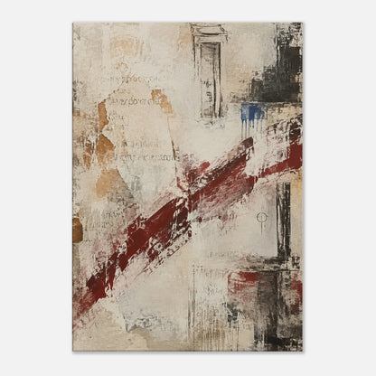 What Remains textured abstract canvas art with layered cream, beige, charcoal and burgundy marks.