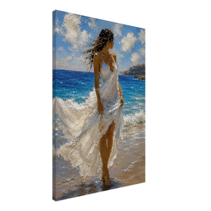 Gallery-wrapped canvas detail of Windswept with blue sea, white fabric and artwork continuing around the edges.