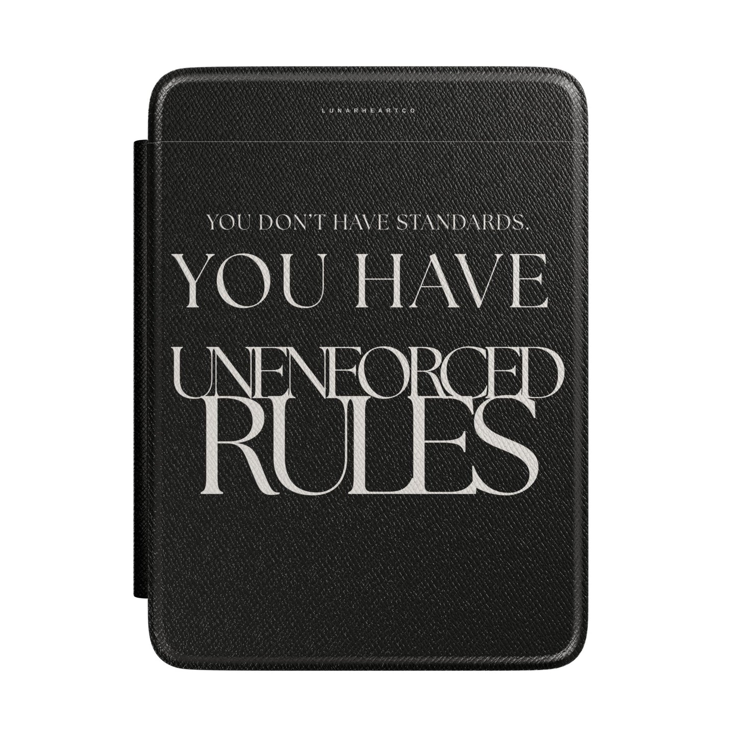 LunarHeartCo phone case featuring the Rule I unenforced reading object design, fits a standard smartphone, with detailed artwork visible.