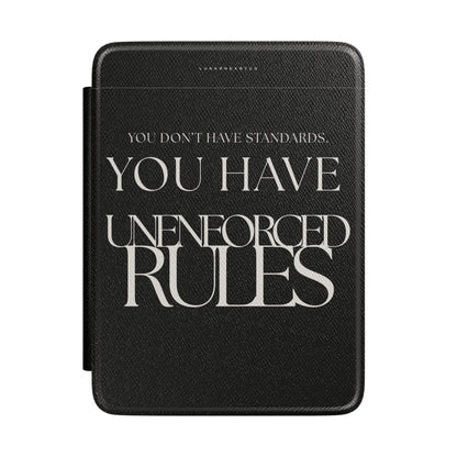 LunarHeartCo phone case featuring the Rule I unenforced reading object design, fits a standard smartphone, with detailed artwork visible.