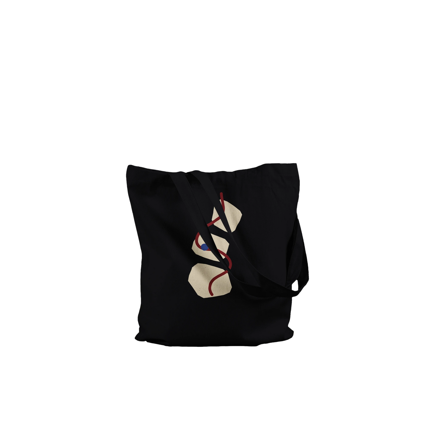 Close-up of THE THREAD black art tote showing the printed ivory, oxblood and mineral-blue composition.
