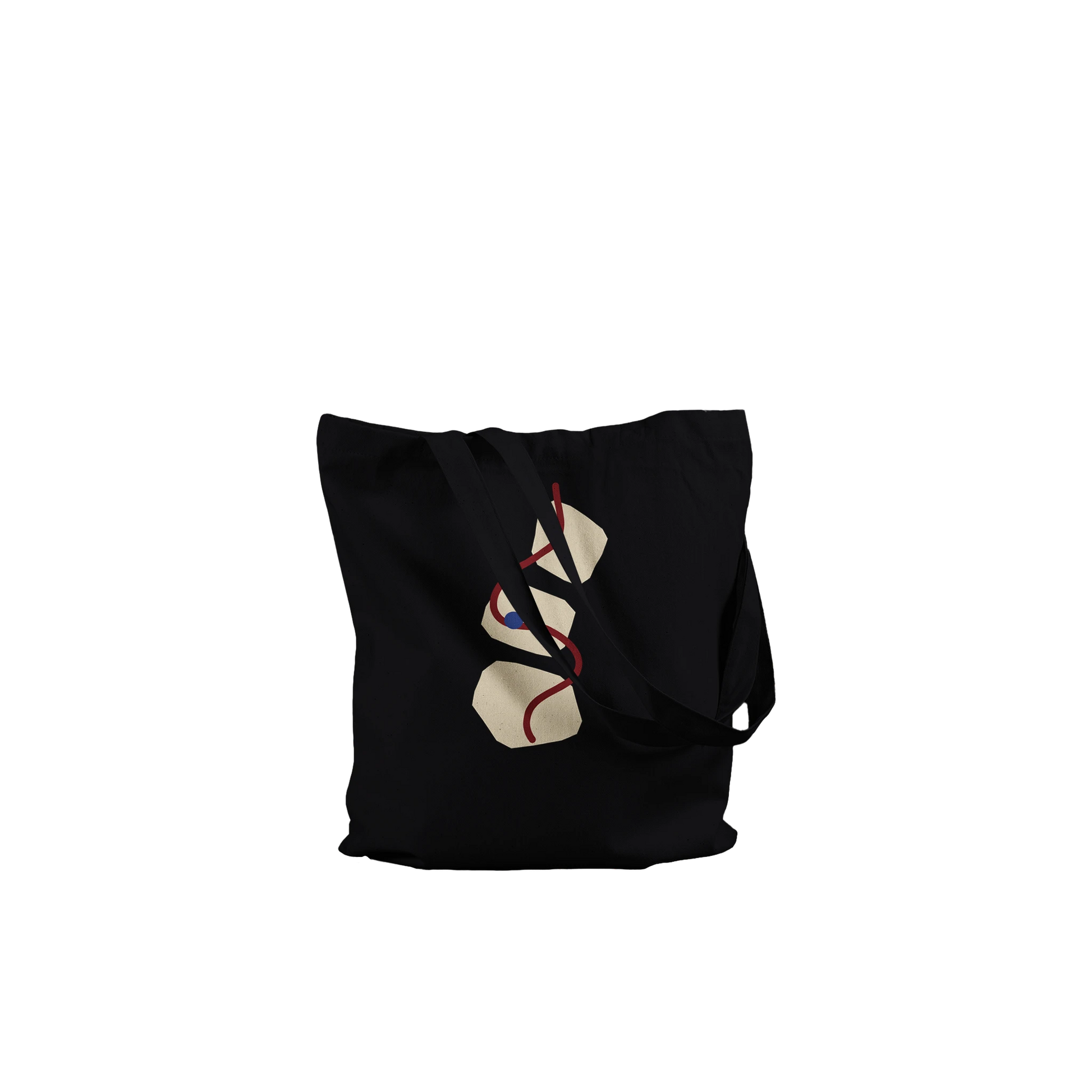 Close-up of THE THREAD black art tote showing the printed ivory, oxblood and mineral-blue composition.