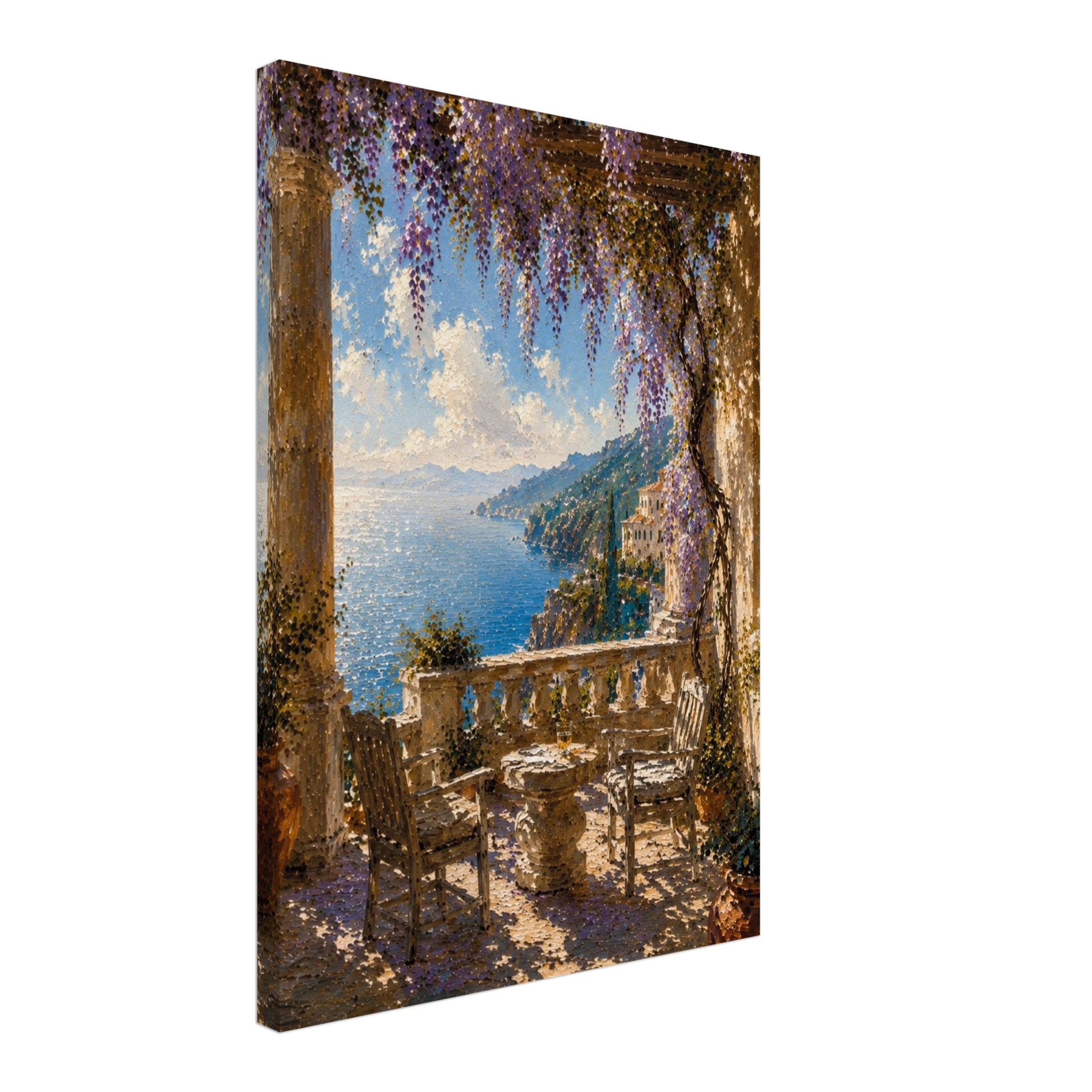 Gallery-wrapped canvas detail of The Terrace with wisteria, sunlit stone and artwork continuing around the edges.