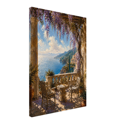 Gallery-wrapped canvas detail of The Terrace with wisteria, sunlit stone and artwork continuing around the edges.