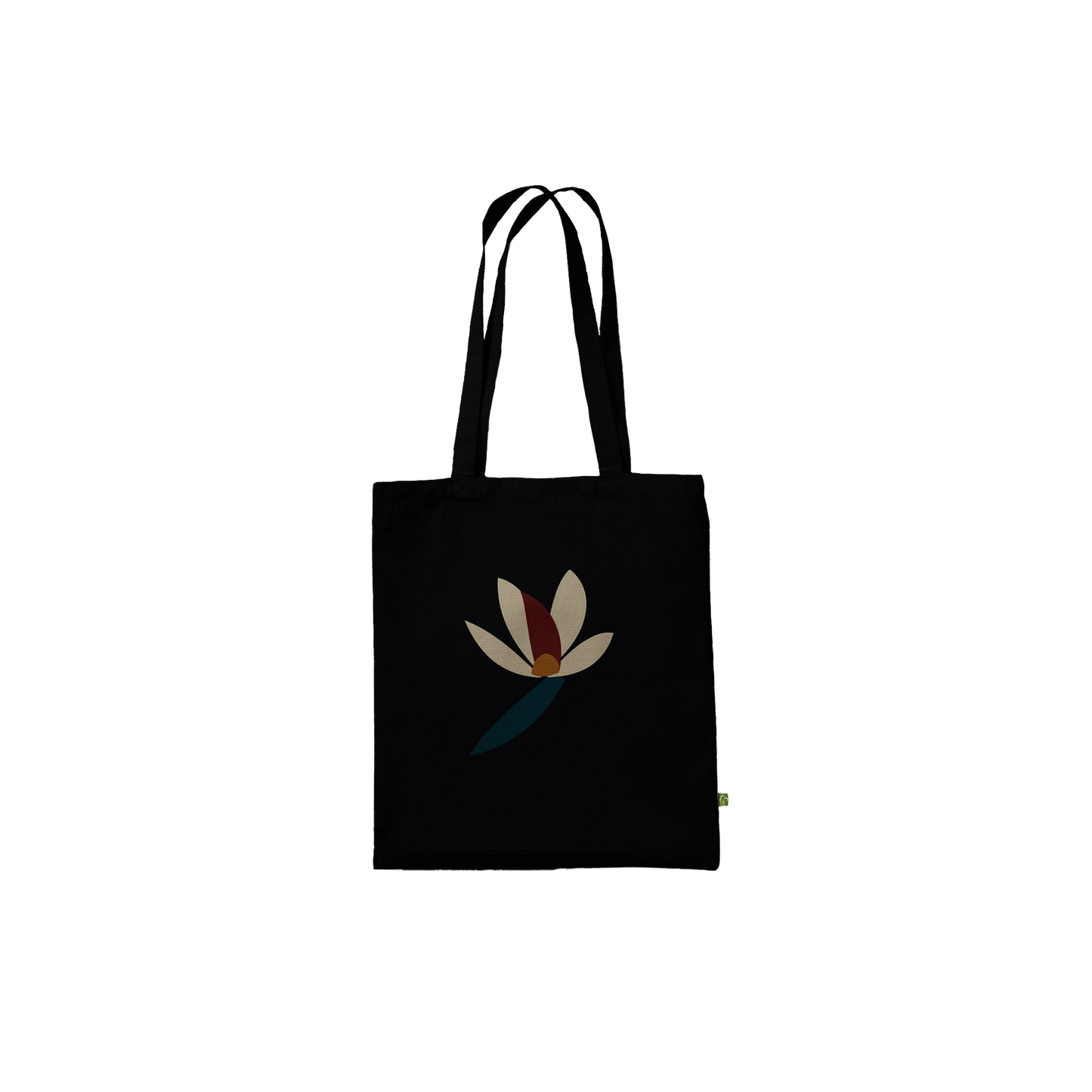 Front view of THE BLOOM premium black cotton tote with abstract botanical artwork