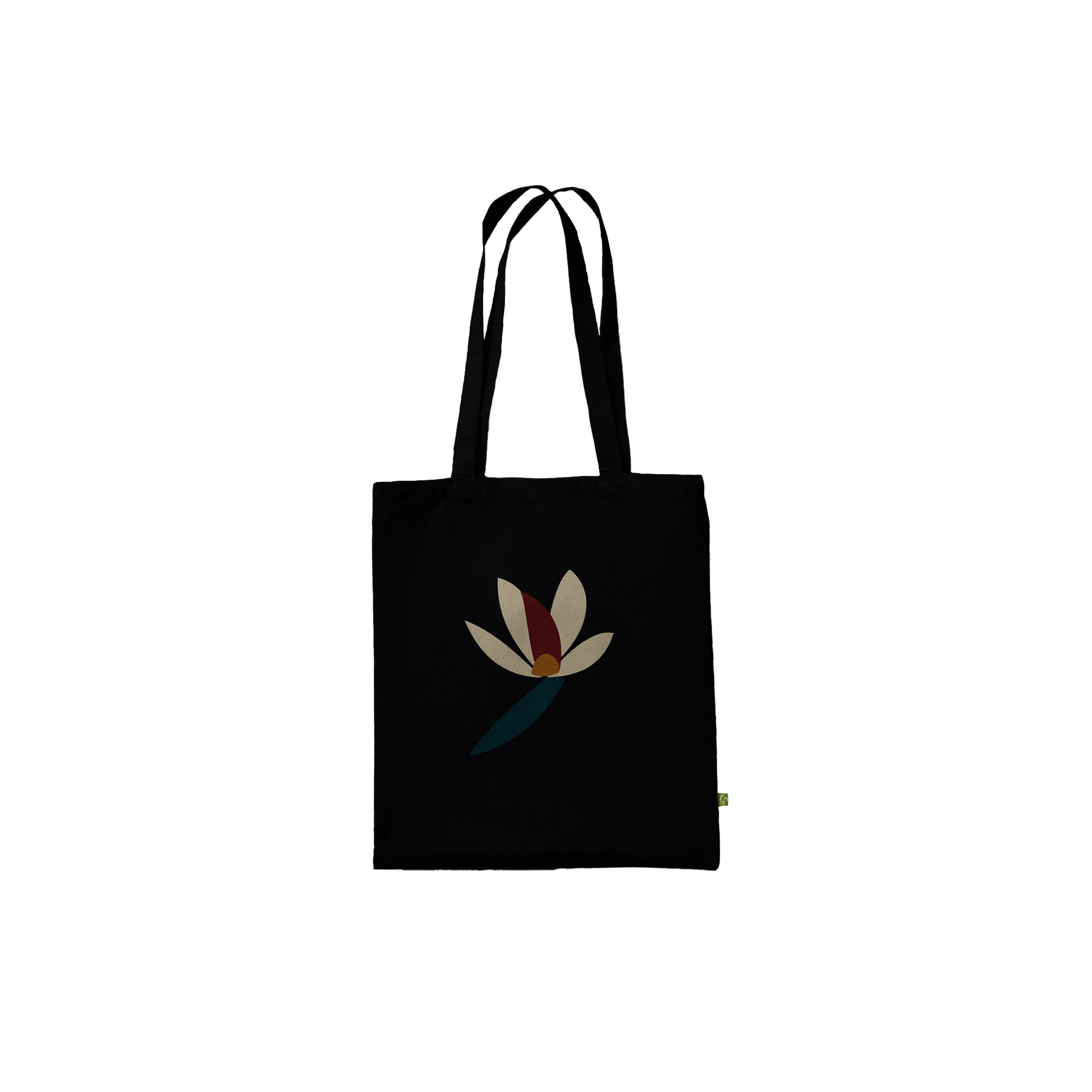 Front view of THE BLOOM premium black cotton tote with abstract botanical artwork