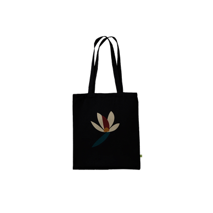 Front view of THE BLOOM premium black cotton tote with abstract botanical artwork