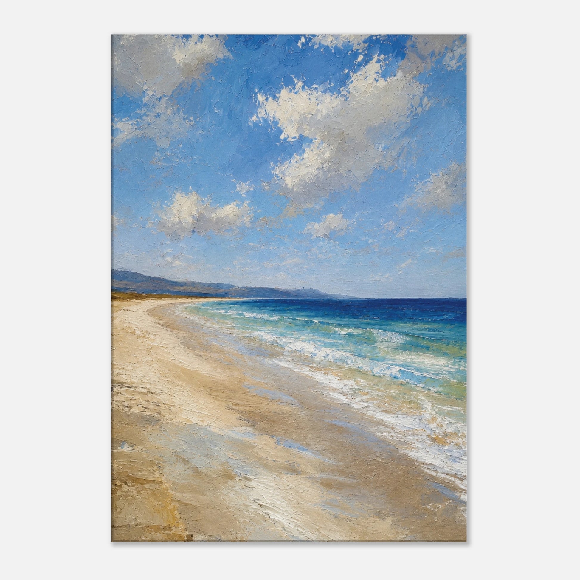 Close-up of painterly Mediterranean canvas art with pale shoreline, blue water, soft clouds and textured coastal light.